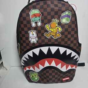 Sprayground Brown Checkered Backpack with Graphic Accents
